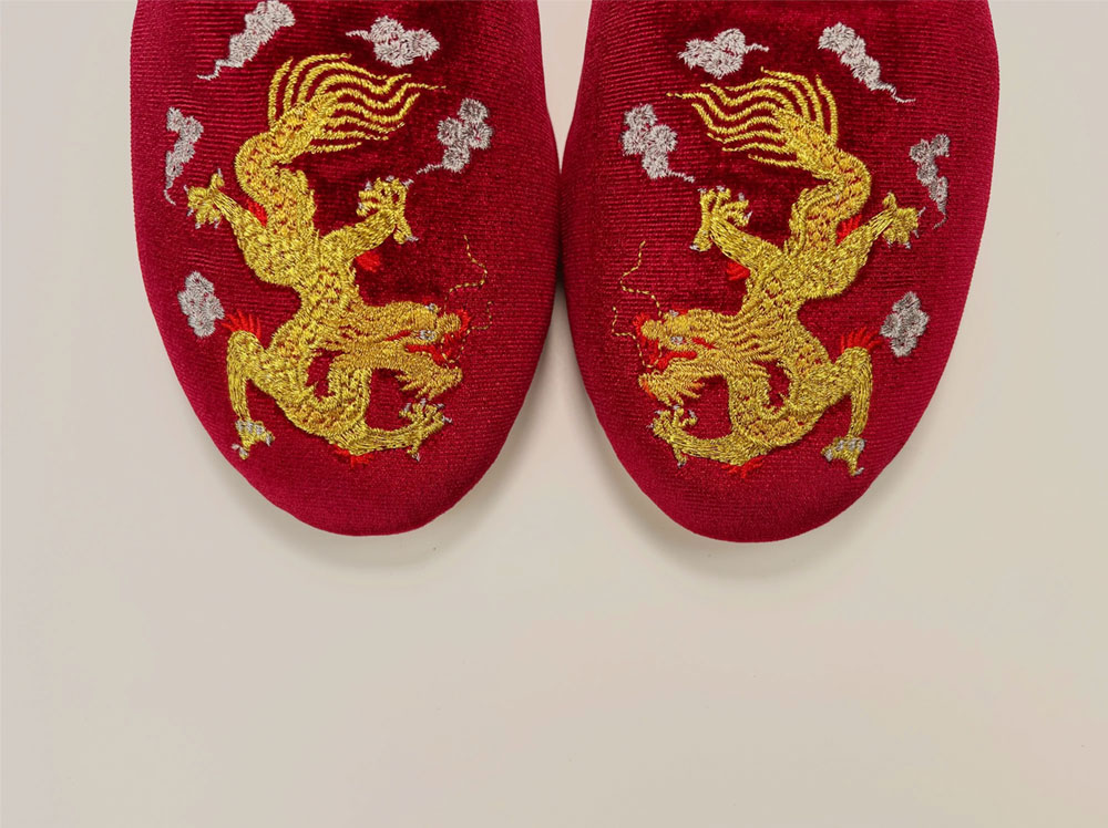 Embroidered dragon in red wine velvet mules slippers