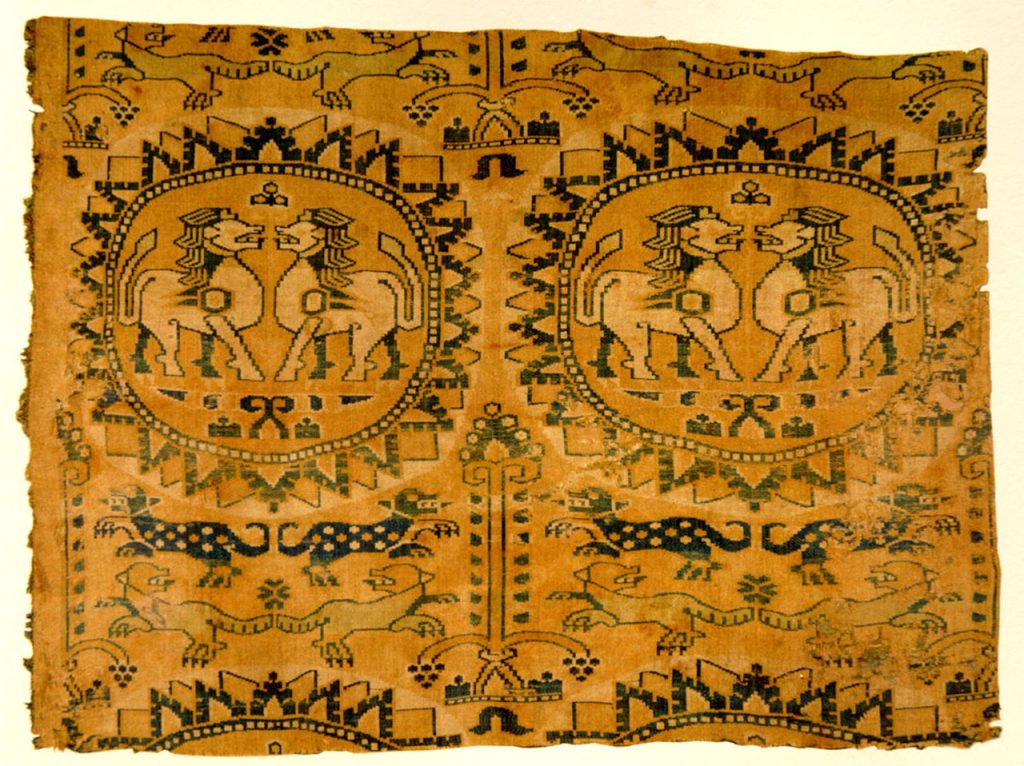 An 8th-century Sogdian polychrome silk featuring a lion motif, believed to originate from the city of Bukhara