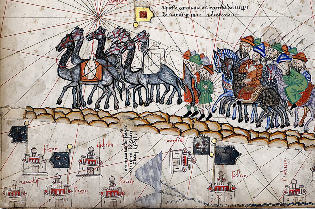 Marco-Polo's-caravan-on-the-Silk-Road,-1380