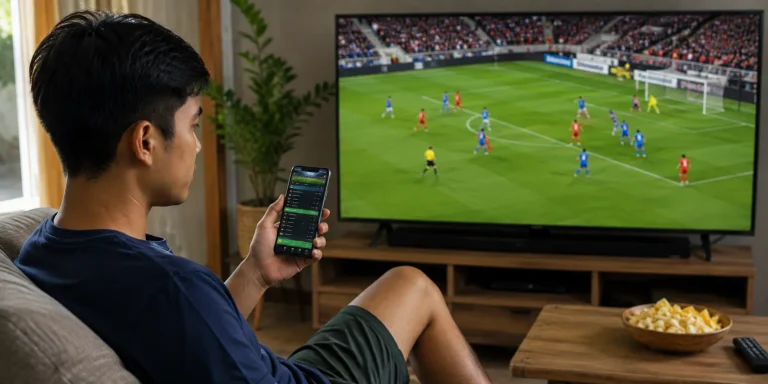 Person watches a football match on television while checking a betting app on a phone