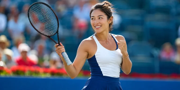 Female tennis player holds a racket on the court